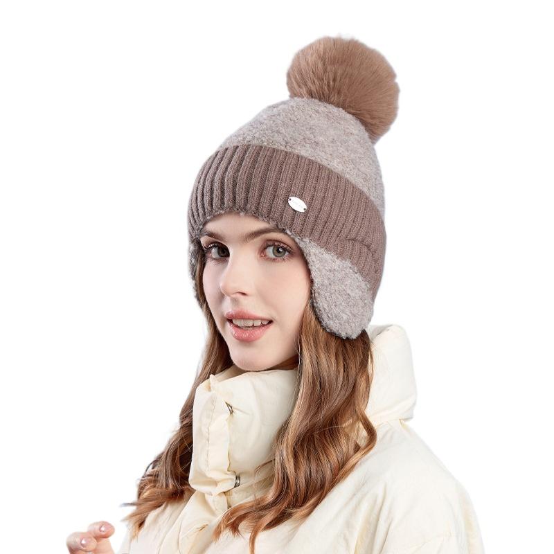 Women'S Plush Faux Fur Beanie With Pom Pom Korean Style Knit Hat For Women Warm Winter Ear Flap Ski Cap Female X101