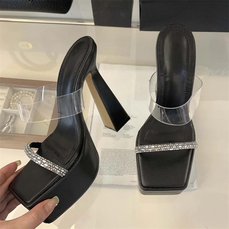 Eilyken Summer PVC Transparent Square Toe Platform Woman Slippers Crystal Thick High Heels Slides Shoes