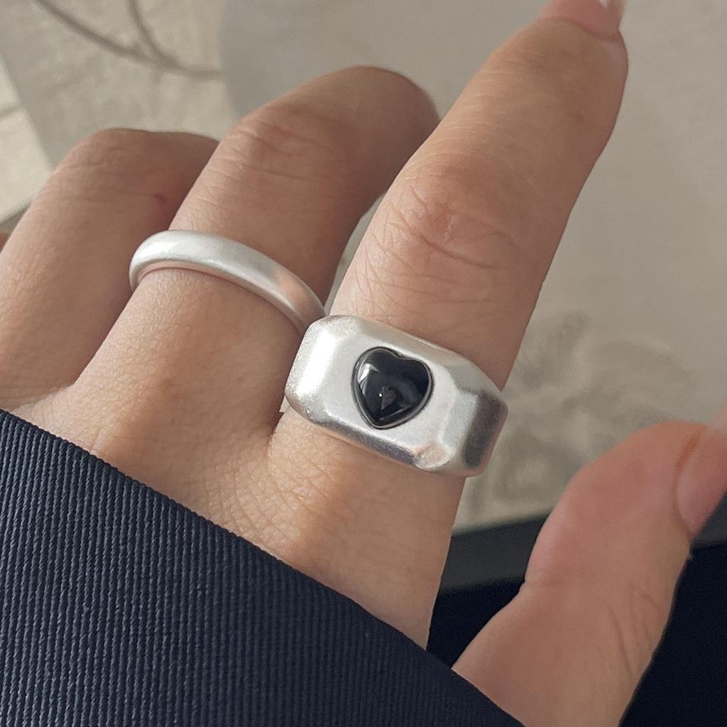 Xiaomi 925 Sterling Silver Rings For Women Geometric Fine Jewelry Finger Adjustable Simple Black Hear Open Ring For Party Birthday Gift