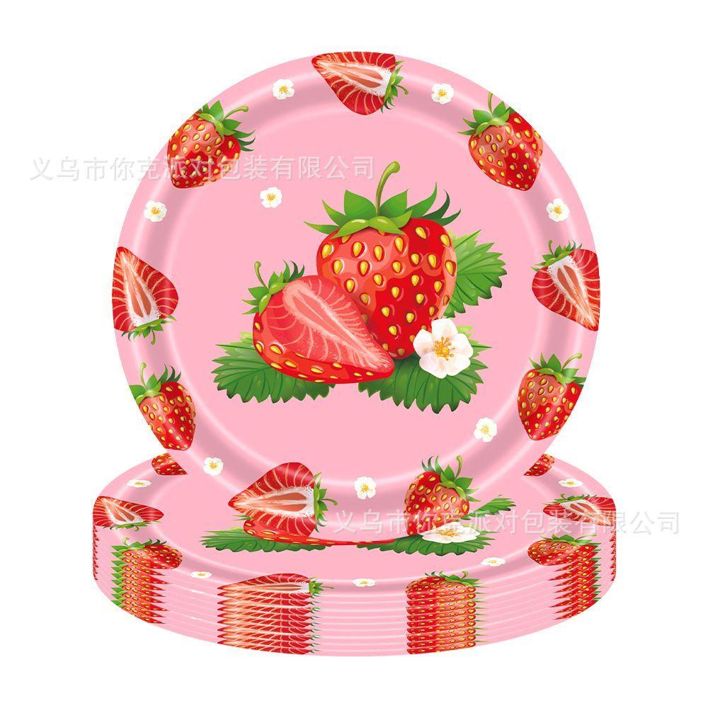 Cute Strawberry Disposable Tableware Set Kids Birthday Party Plates Cups Tablecloth Decor