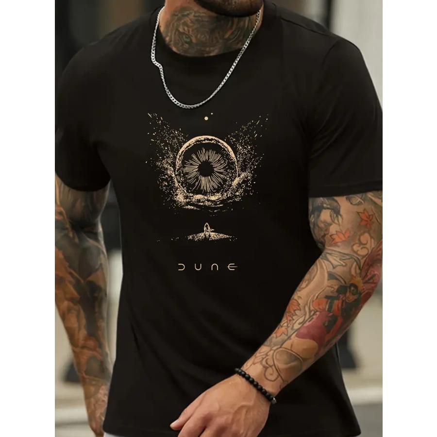 Reindeer Print Comfy Polyester T-shirt, Men's Casual Street Style Stretch Round Neck Tee Shirt For Summer