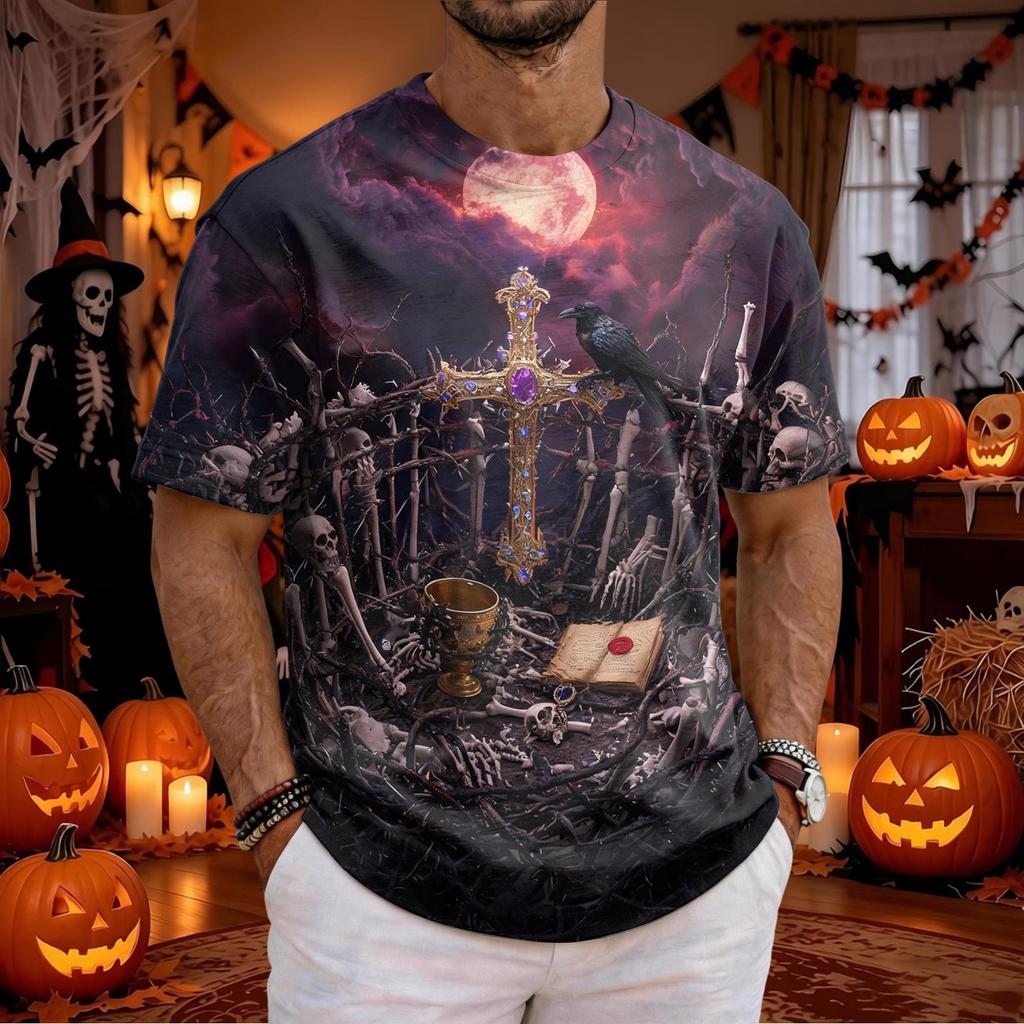 Men's Halloween Printed Short Sleeve Neck T-Shirt for Casual Daily Wear Holiday Party