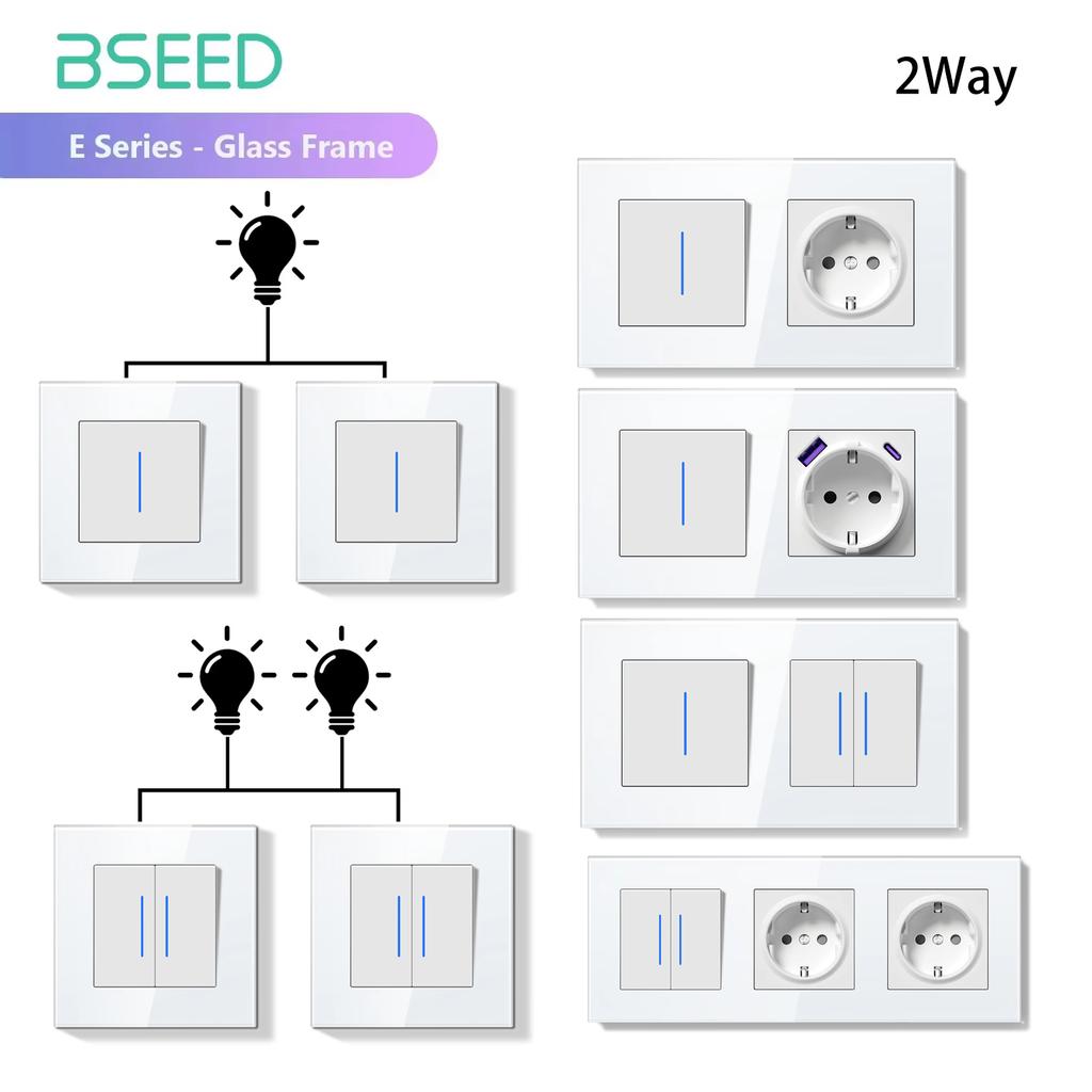 BSEED 1/2Gang Mechanical Light Switches 2way Pass Through Switch With EU Socket USB Type-c LED Indicator Glass Frames E Series