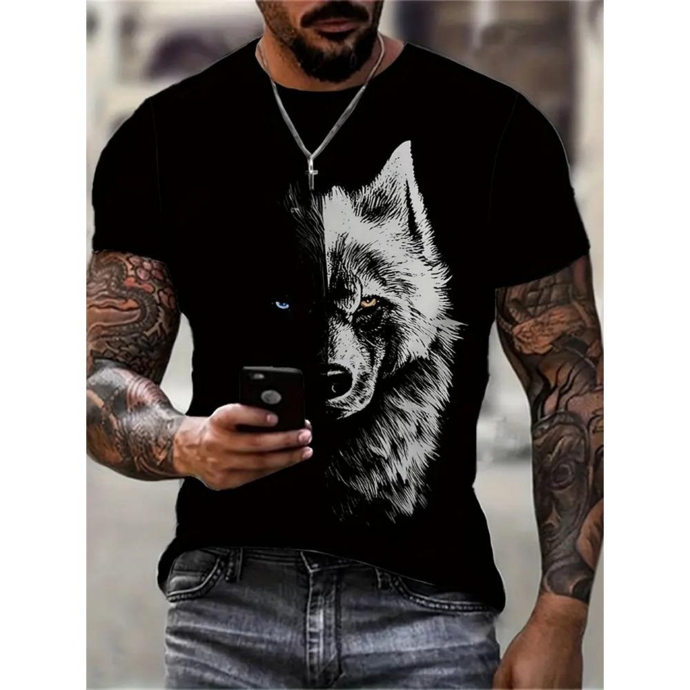 Fashionable Summer Men's Domineering Wolf Print Pattern Breathable Round Neck T-shirt Outdoor High Street Casual Top