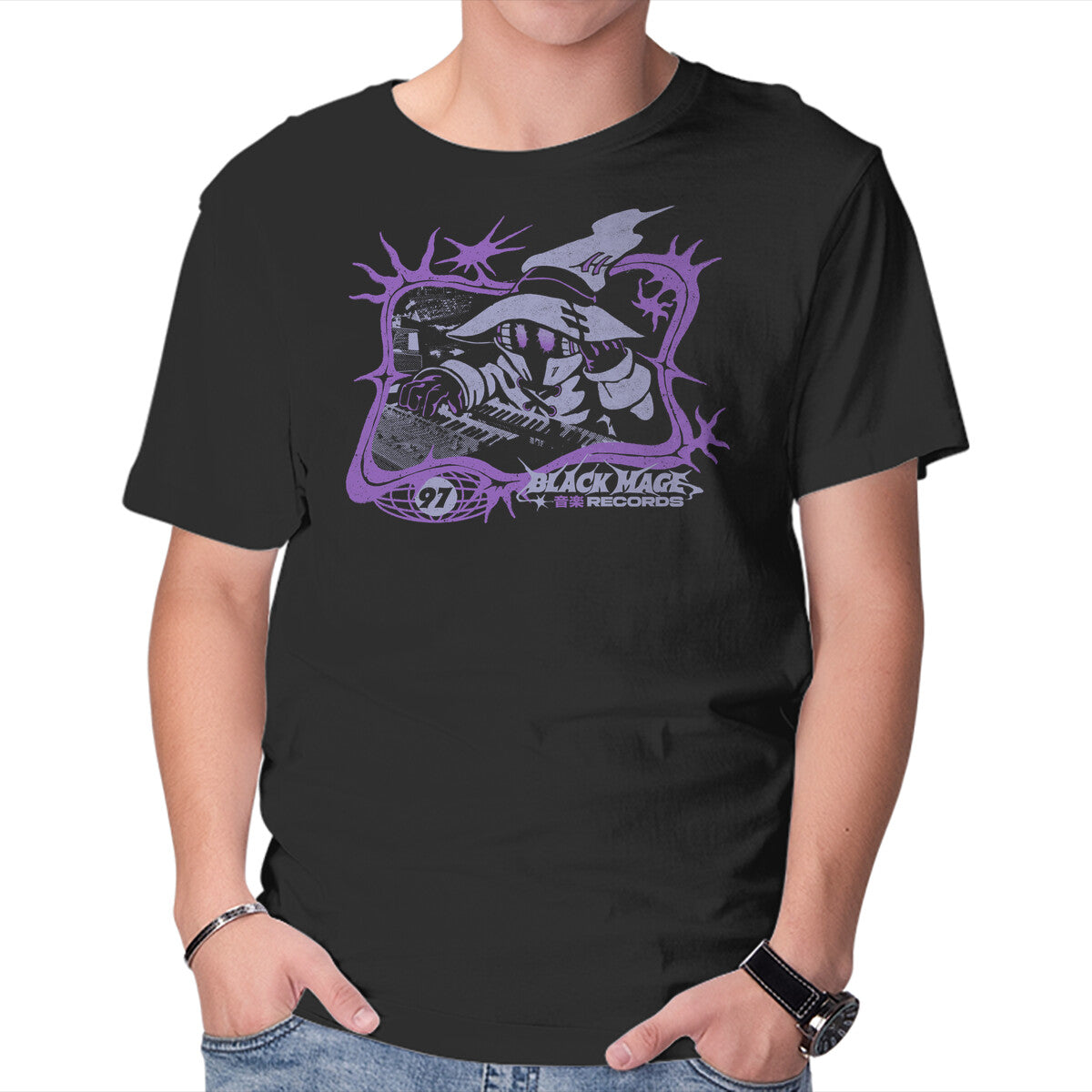 Unisex Crew Neck T-Shirt Black Mage Records Graphic Short Sleeve Casual Tee M
