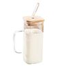 High Value Glass Straw Cup with Cover  Square Color Handle Transparent Glass Milk Tea Flat Bottom Single Layer Cup