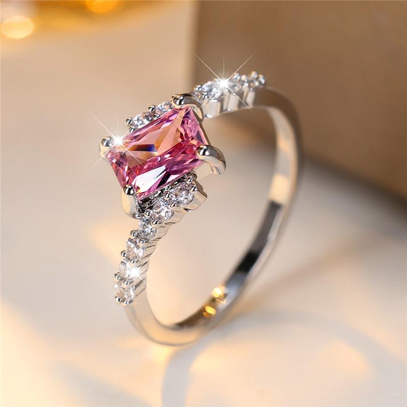 Cute Female Small Pink Square Zircon Stone Ring Charm Silver Color Wedding For Women