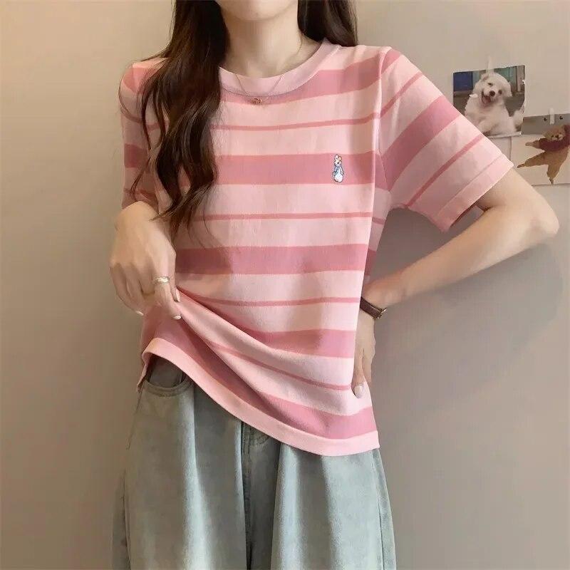 Vară fată tânără dungi desen animat broderie Pulovere Tricou coreean Femei Casual larg Mânecă Scurtă student Tricouri y2k top Streetwear Feminin