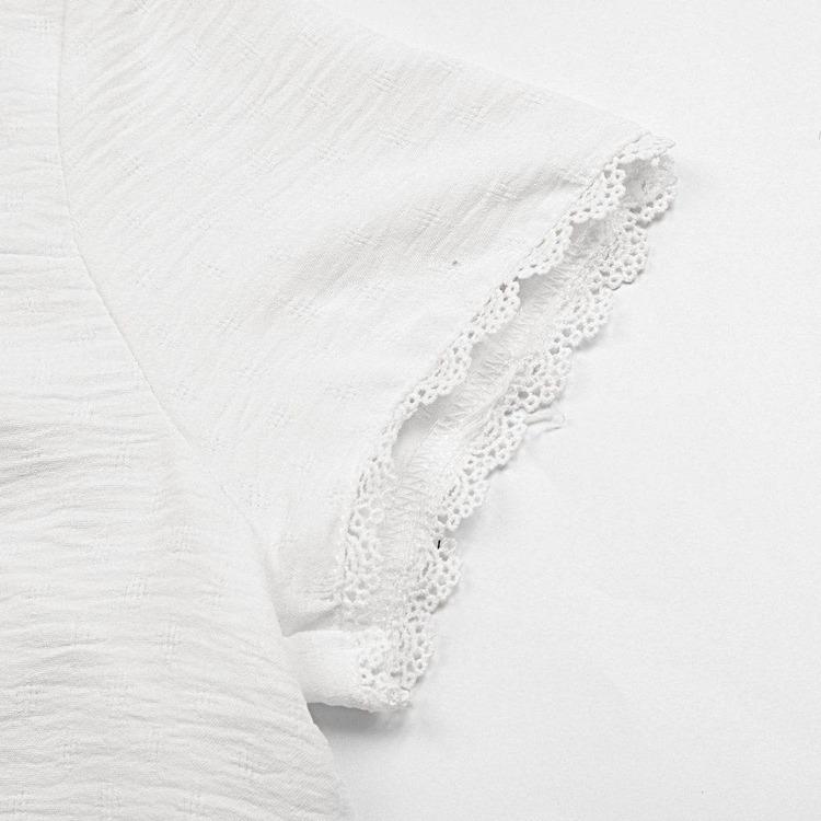 Summer Women White Lace Panel V Neck Short Sleeve Loose Blouse Shirt