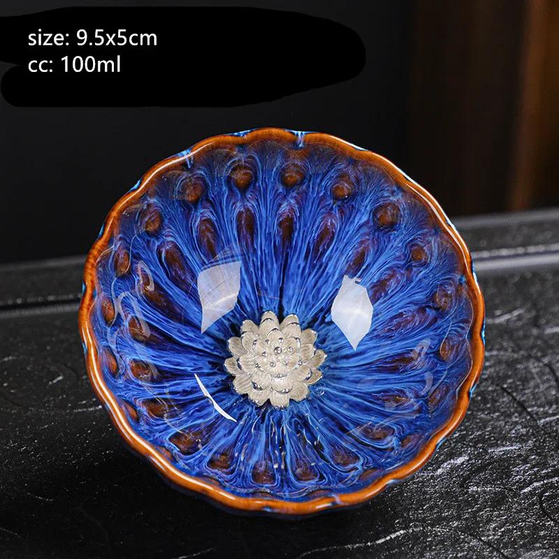 

130ml Tradition Kiln Transformation Ceramic Teacup Home Master Cup Chinese Tea Set Accessories Handmade Silver Inlay Tea Cup