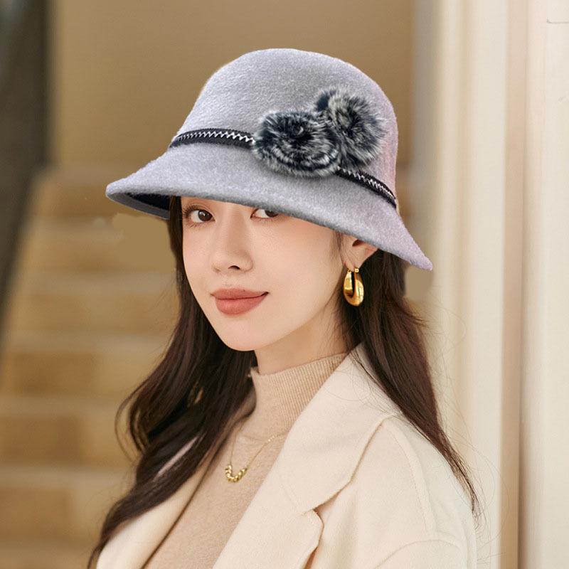 Mink Fur Basin Hat for Women Small Face Versatile Autumn Winter Edge Double Wool Ball Fisherman Hat Fashionable Woolen Cloth Simple Hat