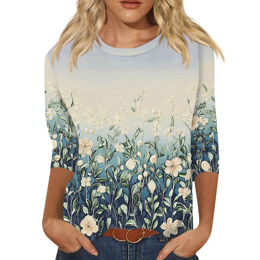 Women's Fashionable Casual Three Quarter Sleeve Printed Collar Pullover Top