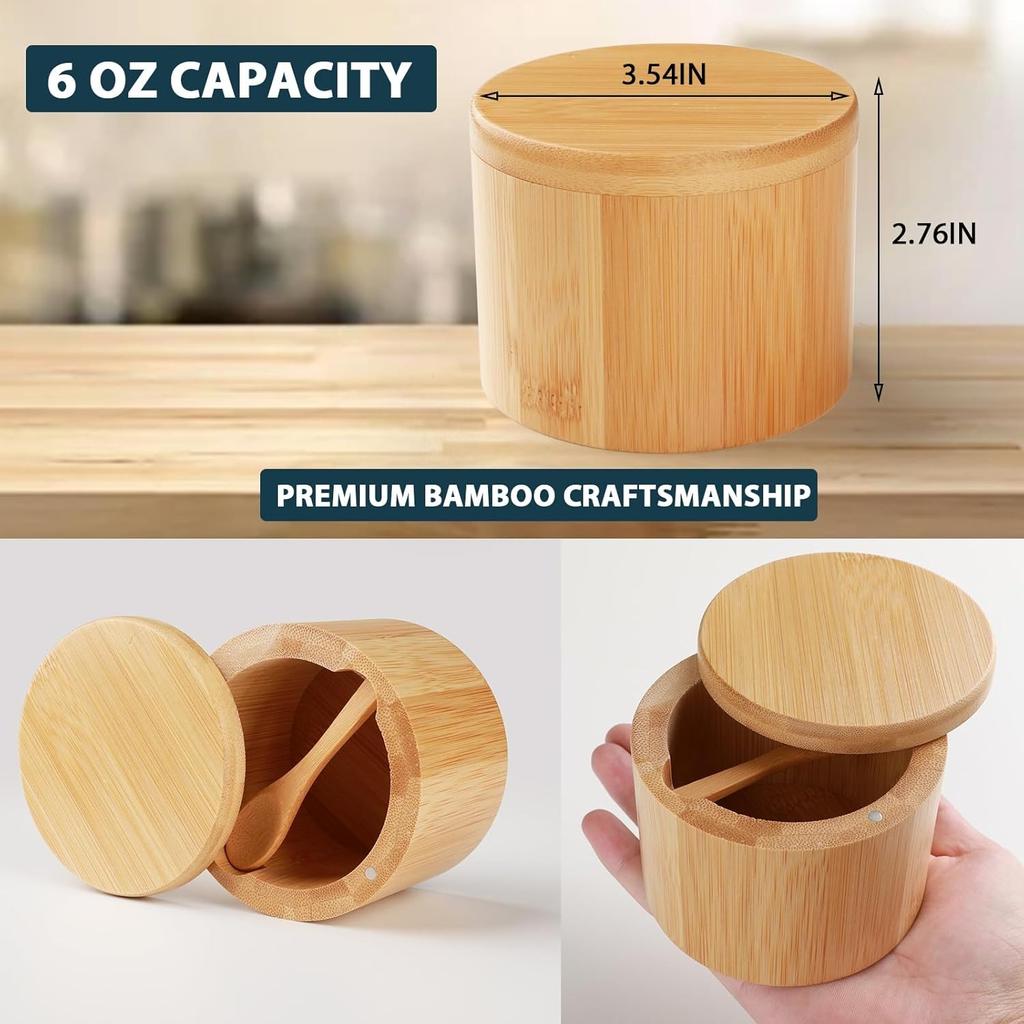 Bamboo Salt Cellar, 2 PCS Salt Container with Built-in Spoon, Salt Box Bowl with Magnetic Swivel Lid, Elegant Kitchen Salt Holder Saver Jar To Storage