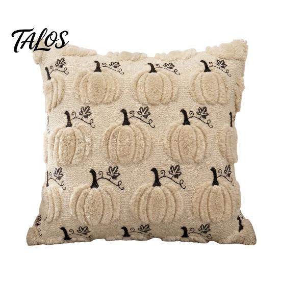 Quilted Embroidery Holiday Decor Fall Pumpkin Cushion Cover, 18x18 Inch Plush Throw Pillow Skin Friendly Fabric Cases Farmhouse Case for Sofa