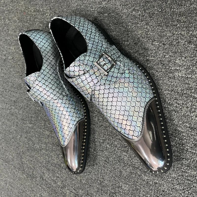 Gold Shoes for Men Wedding Loafers Pointed Toe Buckle Strap Silver Shoes for Men with  Size 38-44