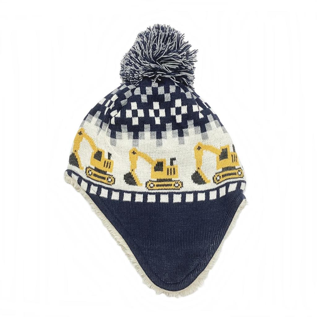 Kiejun Kids' Knit Cap, Excavator/Construction Equipment Design, for Boys, Warm, Fleece-Lined, with Earmuffs (53.0 cm, N Con)