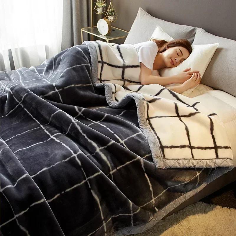 Double Sided Printed Autumn Winter Blankets for Bed Soft Warm Encrypted Flocking Raschel Blanket Skin Friendly Weighted Blanket