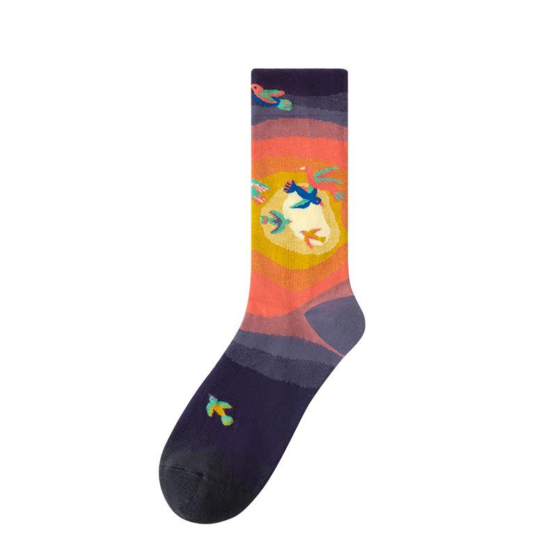 French Retro Abstract Oil Painting Mid-Calf Socks - Trendy Autumn/Winter High-Top Creative Combed Cotton for Women