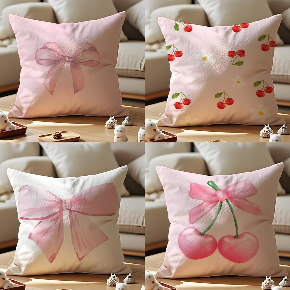 Beautiful Pink Bow Cherry Cushion Cover Anti-Dustmite Pillowcase Invisible Zipper Silky Short Plush Sofa Cushion Cover