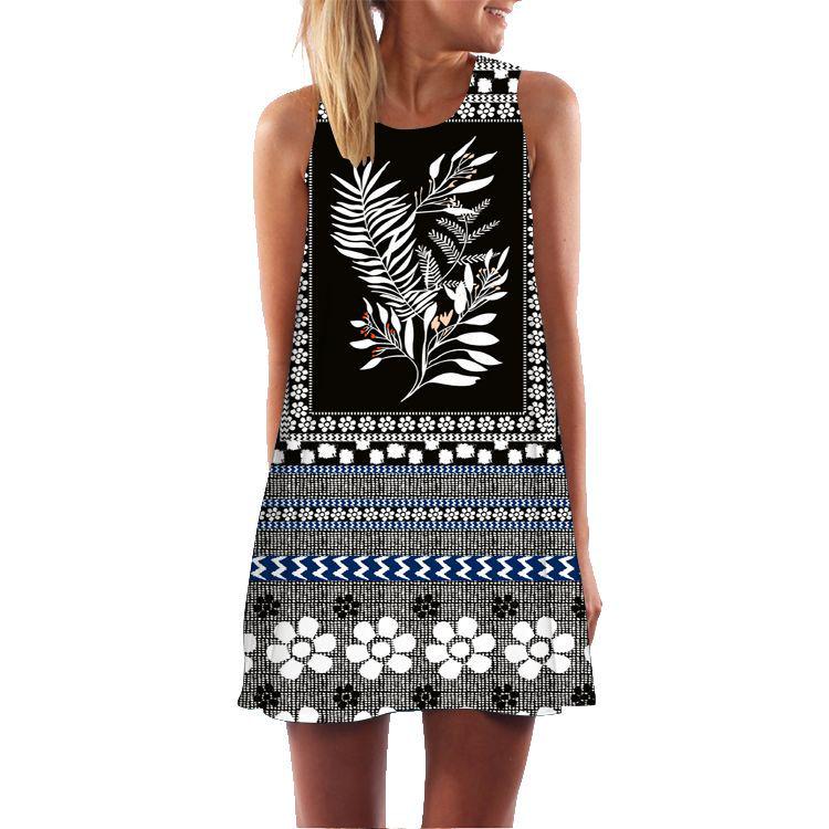 European and American New Retro Digital Printing Crew Neck Hot-selling Off-the-shoulder Medium and Long Vest Dress