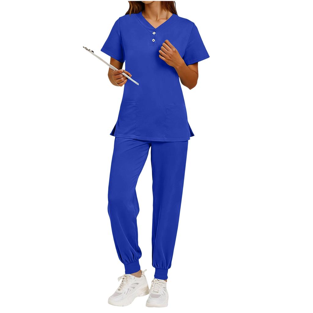 Nursing Scrub Set Women Quick Dry Fabric V Neck Short Sleeve Top with Pockets and Elastic Waist Long Pants Medical Uniform Workwear Set
