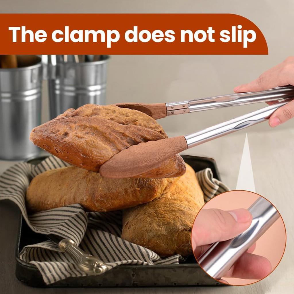 Cooking Wooden Tongs, Stainless Steel Non- Long Handle Wooden Tongs With Hanging Hole, Home Creative Cooking Tongs For Grilling, Serving, Mixing