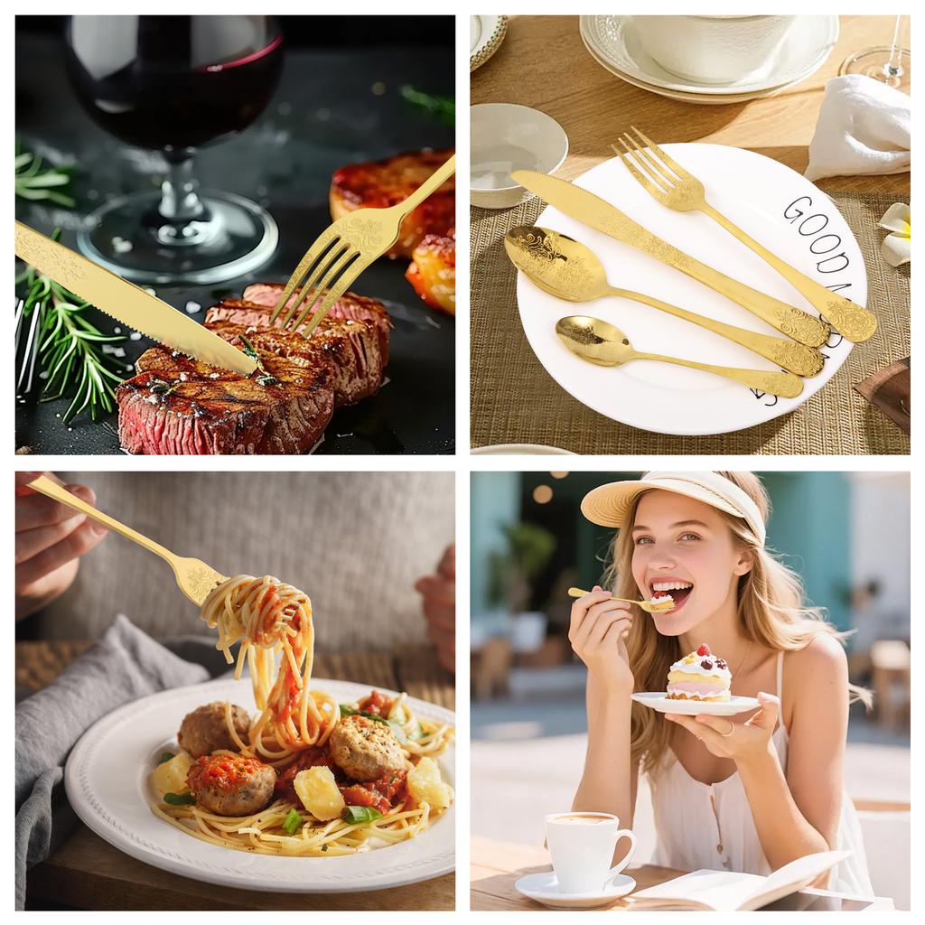 20/24Pcs Vintage Carved Silverware Stainless Steel Flatware Set with Knife/Fork/Spoon Modern Embossed Cutlery Kitchen Utensils