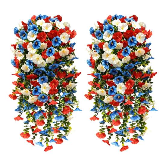 Patriotic Red White Blue Hanging Flowers Artificial Morning Glory Flower Vine UV Resistant Fake Plants for 4th of July Memorial Day Independence Day