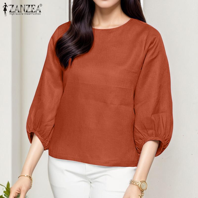 ZANZEA Women Loose Round Neck 3/4 Sleeve Casual Cover Up Blouse