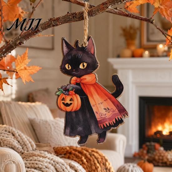 Watercolor Witch Cat Wood Decor Halloween Wooden Hanging Ornament, Decorative Pendant, Retro Black Decoration Cute Holiday Party Favors for