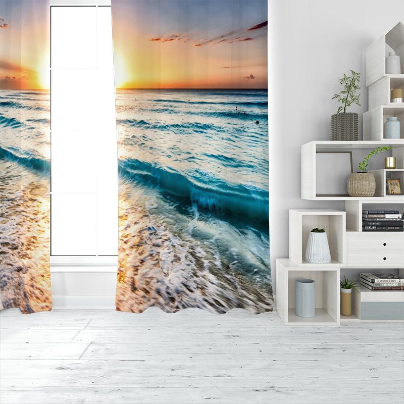 2 pieces, polyester material, ocean landscape curtain, tropical beach landscape printed curtain rod, pocket landscape curtain