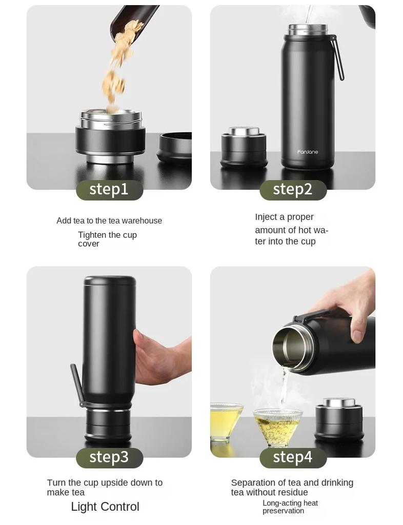 FANJANE Large Capacity Insulated Cup Coffee Tea Thermos Bottle for Men Female Tea Infuser Water Separation Outdoor Water Cup