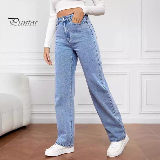Gerade Schlagjeans für Damen, hohe Taille, Knopfverschluss, Hose mit Reißverschluss, einfarbige Jeanshose mit Taschen für den Alltag, Schulweg