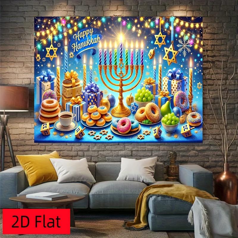 Hanukkah Festival Tapestry, Traditional Menorah And Star Design, Jewish Holiday Wall Art For Party And Home Celebration Decor