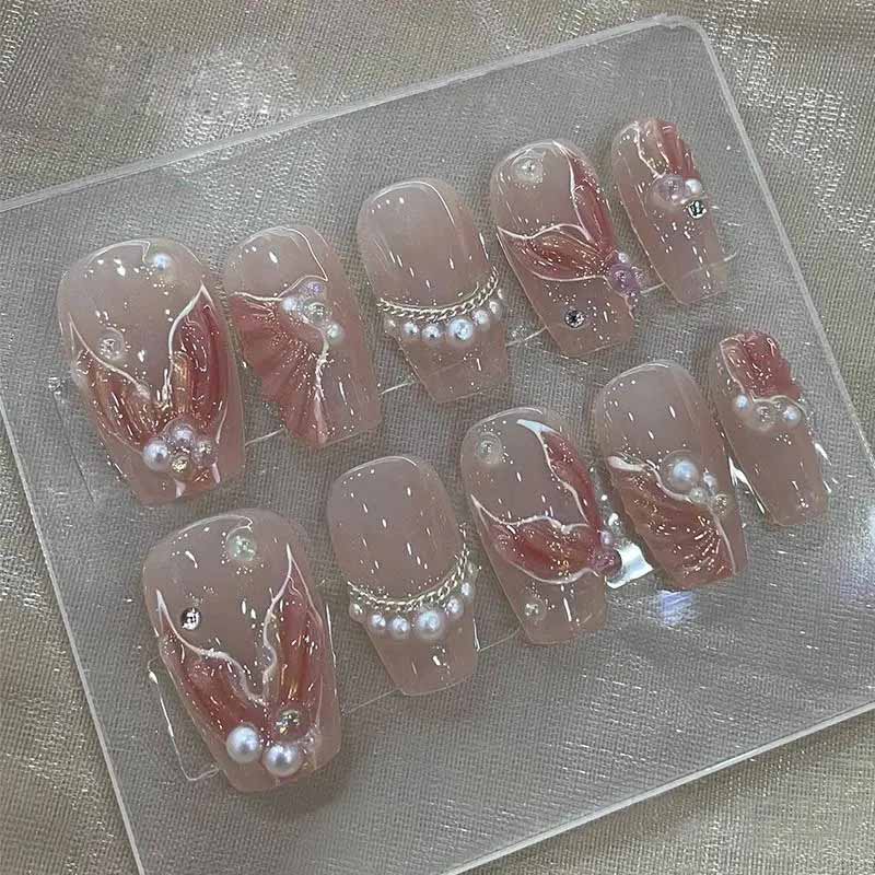 10 Pcs 3D Stereoscopic Mermaid Handmade Press On Nails Short Cat Eye Pearl French Nail Art Tips