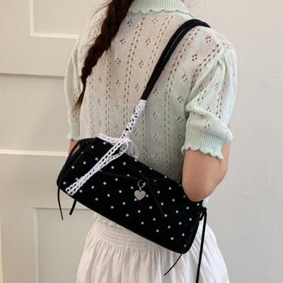 Kleine Tasche mit Schleife und Spitzenbesatz, Koreanischer Beliebter Gepunkteter Handtaschen, Niedliche Elegante Unterarmtasche mit Reißverschluss, Große Kapazität, Pendlertasche