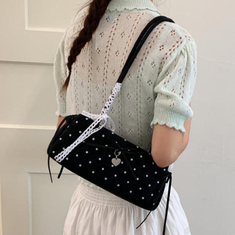 Bow-tie Lace Trim Shoulder Bag Korean Popular Polka Dot Handbags Cute Elegant Underarm Bag Zippered Large-capacity Commuter Bag