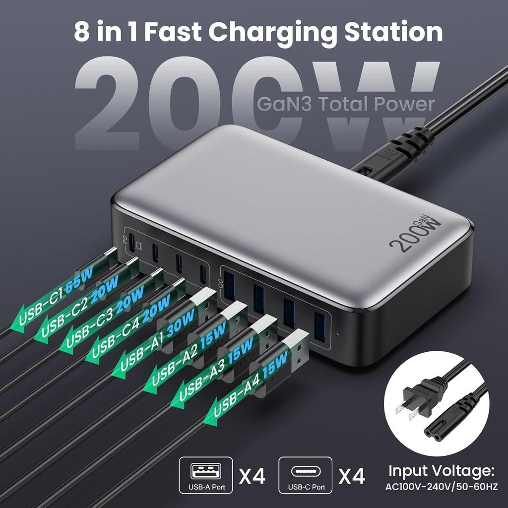 200W High-Power Gallium Nitride Charger for Phones, Tablets, and Laptops - Universal 20V 5A Charging Station