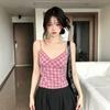 Pink plaid v-neck lace suspender vest women's summer Korean pure desire hottie slim slim short top
