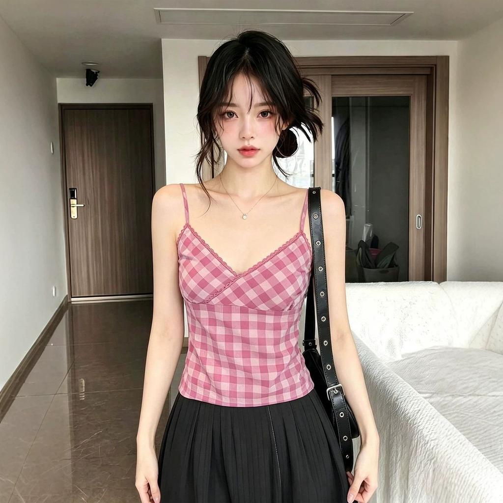 Pink plaid v-neck lace suspender vest women's summer Korean pure desire hottie slim slim short top