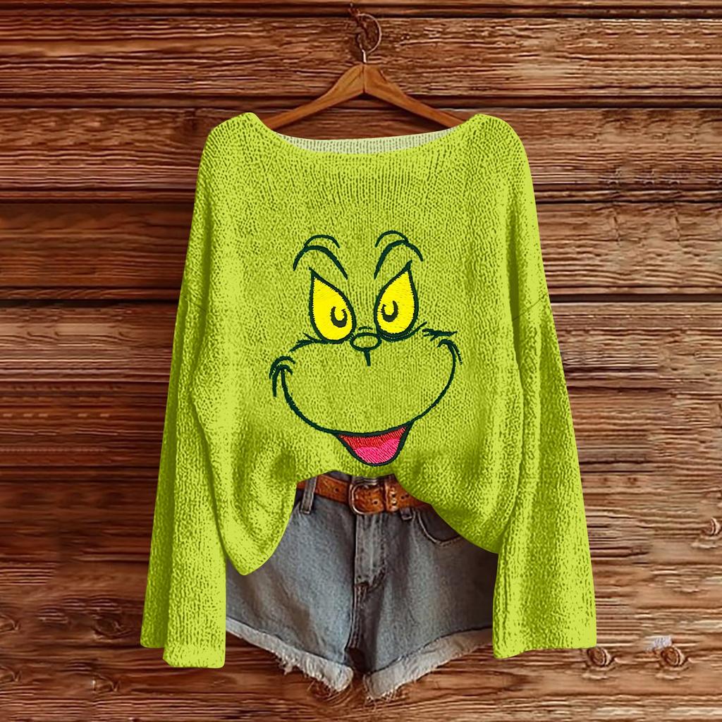 Women's Round Neck Lightweight Sweater Casual Long Sleeve Christmas Print Knit Pullover.