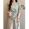 Irregular summer bottoming shirt large size women's short drawstring T-shirt short sleeve T-shirt round neck niche v-neck strap French