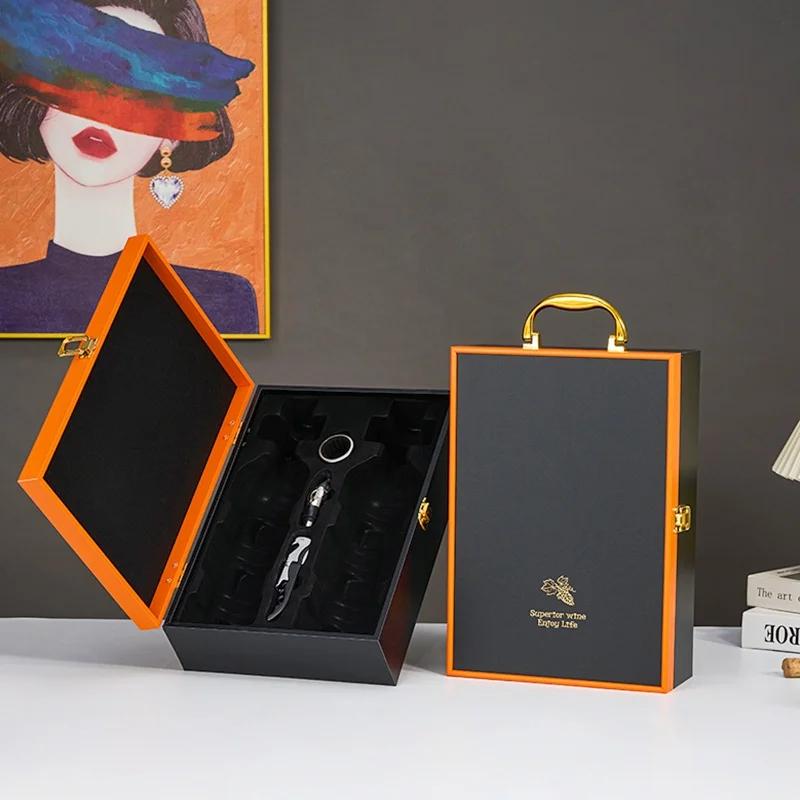 Single/Double Leather Box Wine Bottle Box Luxury Handle Wooden Organizer Gift Wood Wine Holder for 2 Red Wine Packaging