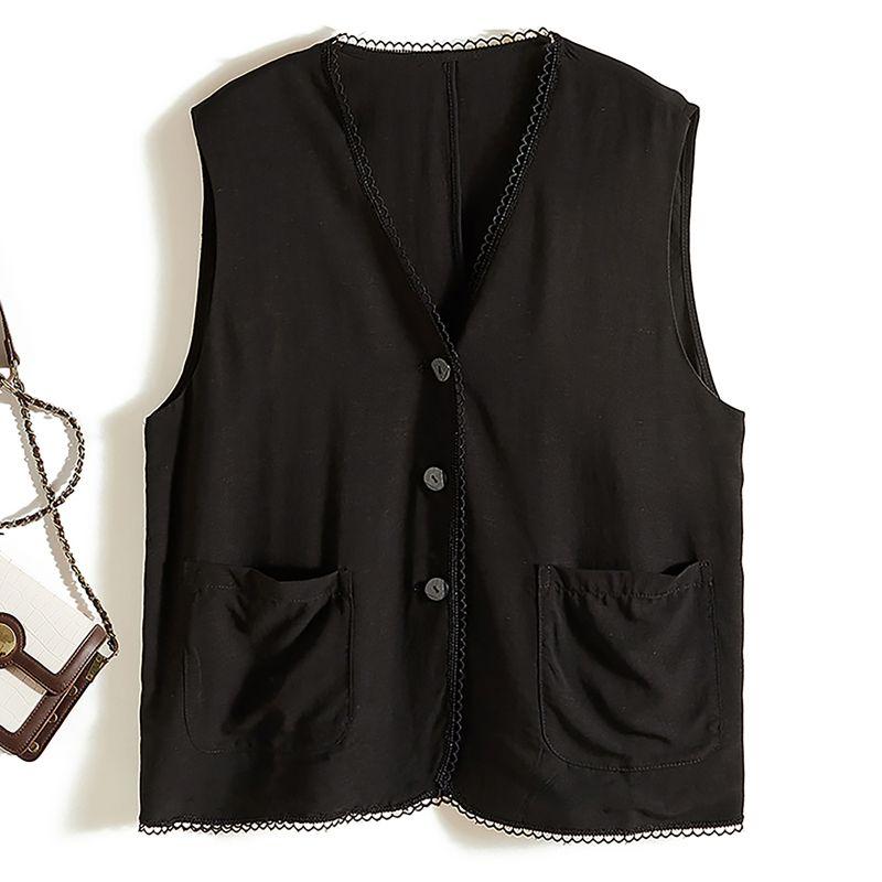 

Great Value Benefits! Women s Poplin Yarn V-Collar Contrast Color Lace Placket One Button Vest Summer Small Coat Welfare Black L
