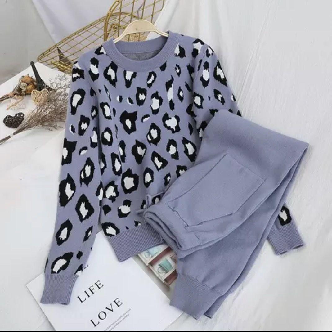 

QICED Осенняя Коллекция Instagram Персонализированный Пуловер с Леопардовым Принтом С Длинным Рукавом Вязаный Свитер + Простой Комплект Обтягивающих Брюк XXL синий