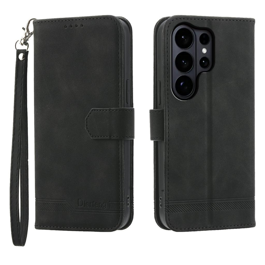 DIERFENG DF-03 For Samsung Galaxy S26 Ultra Case Lines Imprint Wallet Leather Phone Cover with Wrist Strap