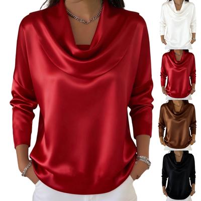 Damen Satin Langarm Schalkragen Bluse Lockere Passform Oberteil Weich Leicht Elegant Hemd für Büro Freizeitkleidung