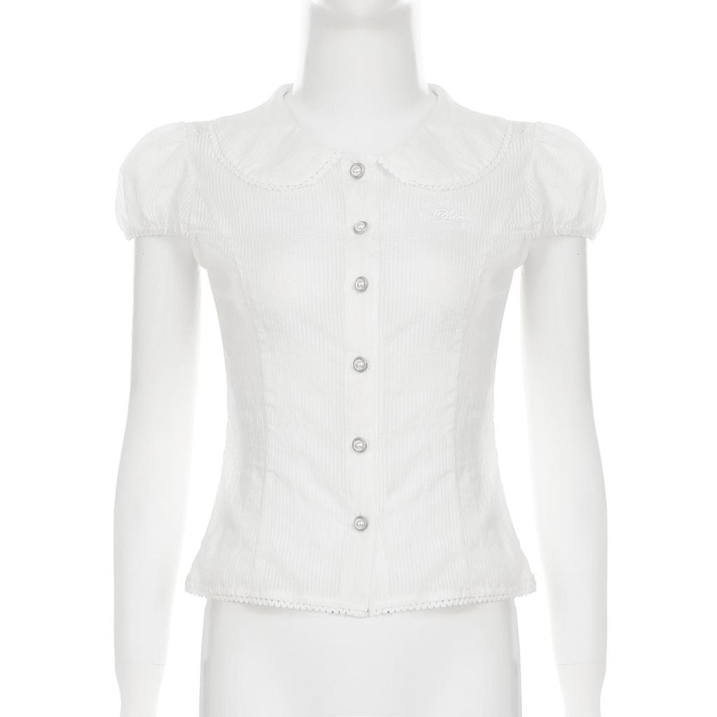 Doll Face Academy Short Sleeve Sheer Top with Pearl Buttons and Slim Fit