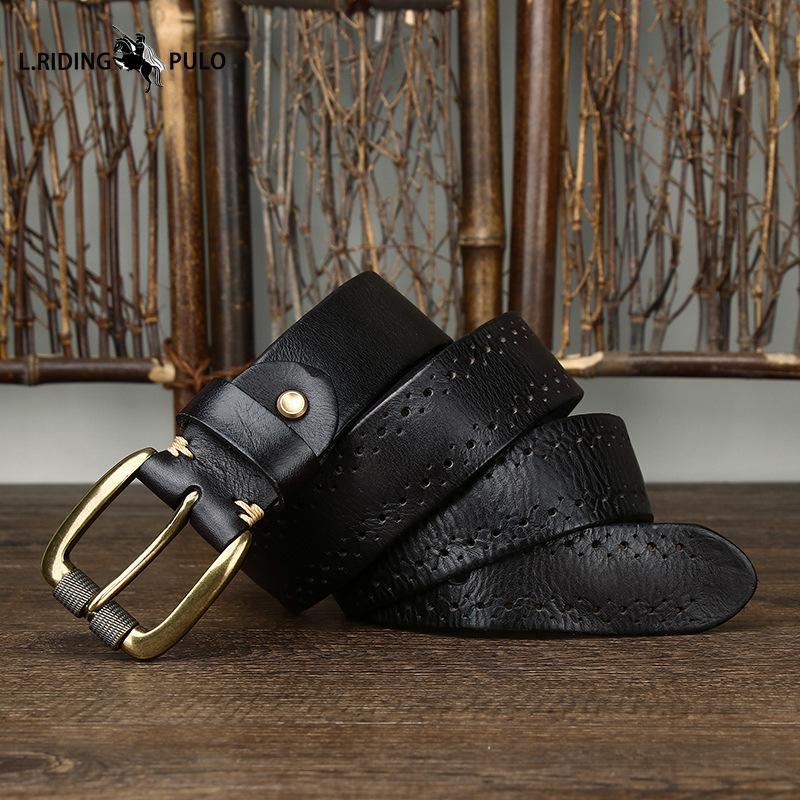 Retro Fashion Personality Trend All-match Hollow First Layer Cowhide Pin Buckle Belt Men's Genuine Leather Jeans Belt