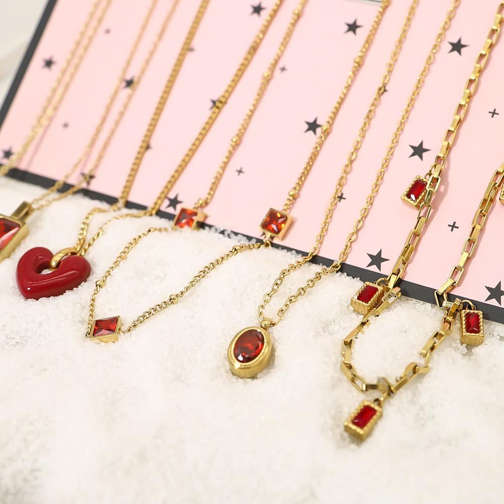 Red Zircon Simple And Versatile Titanium Steel Necklace Niche High-End Love Necklace Necklace Item Decoration